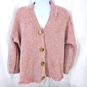JODIFL Pink Chenille Knit Button Front Cardigan Oversized Sweater Small Womens